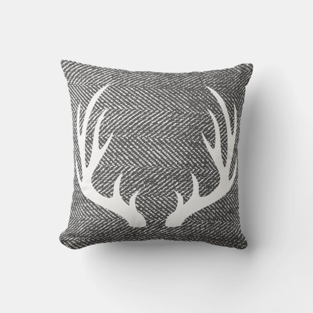 Charcoal Gray Herringbone & White Deer Antlers Throw Pillow (Front)
