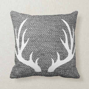 Charcoal Gray Herringbone & White Deer Antlers Throw Pillow
