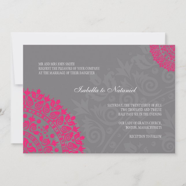 Charcoal Gray & Hot Pink Damask Wedding Invitation (Front)