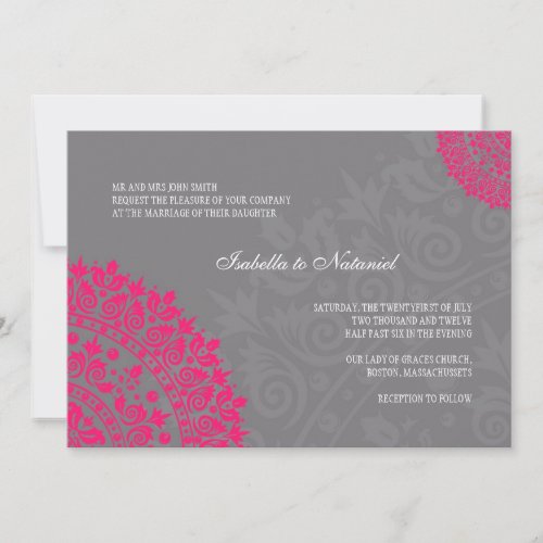 Charcoal Gray &amp; Hot Pink Damask Wedding Invitation