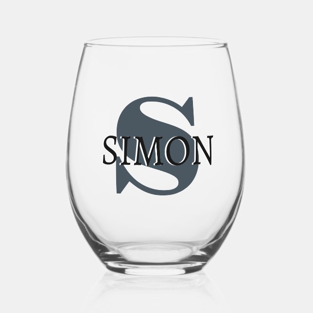 Charcoal Gray Initial and Black Name | Modern  Stemless Wine Glass (Front)