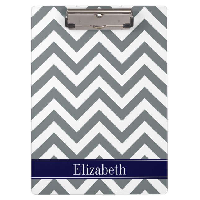 Charcoal Gray Lg Chevron Navy Blue Name Monogram Clipboard (Front)