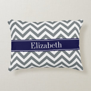 Charcoal Gray Lg Chevron Navy Blue Name Monogram Decorative Pillow