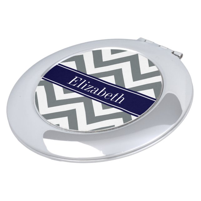 Charcoal Gray Lg Chevron Navy Blue Name Monogram Makeup Mirror (Turned)