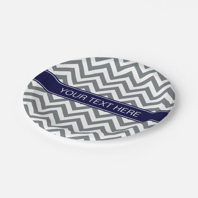 Charcoal Gray Lg Chevron Navy Blue Name Monogram Paper Plates (Angled)