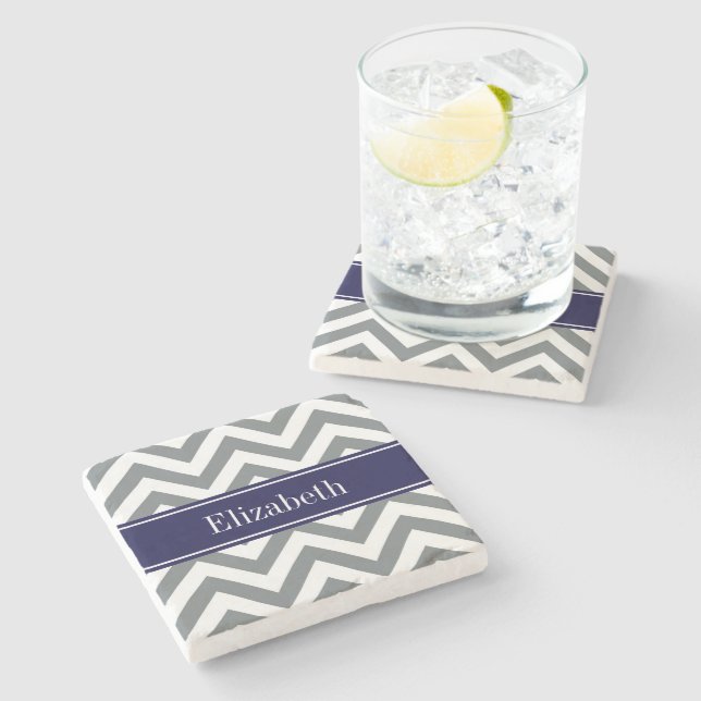 Charcoal Gray Lg Chevron Navy Blue Name Monogram Stone Coaster (Side)