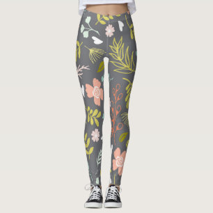 Charcoal Gray, Lime Green and Coral Print Leggings