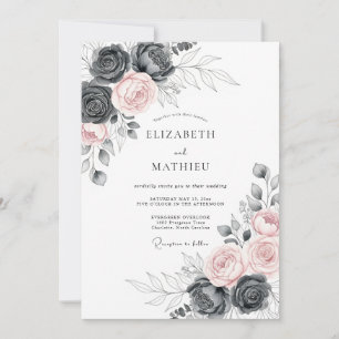 Charcoal Gray Majestic Floral Wedding Invitation