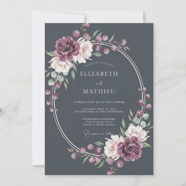 Charcoal Gray Midnight Botanical Wedding Invitation (Front)
