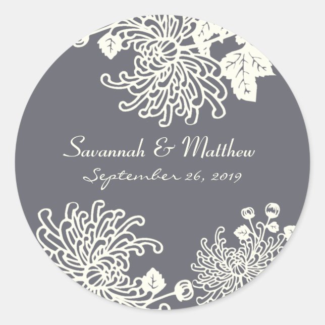 Charcoal Gray Modern Floral Wedding Heart Seal (Front)