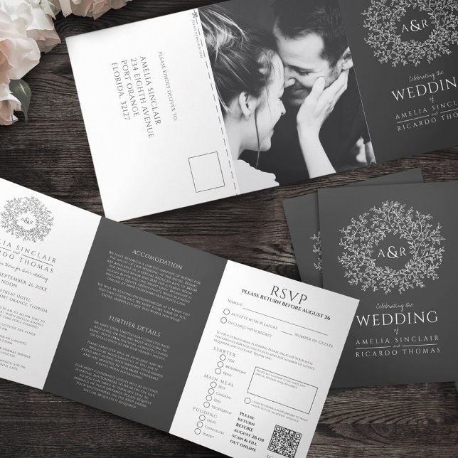 Charcoal gray monogram leaves wedding all-in-one Tri-Fold invitation (Creator Uploaded)