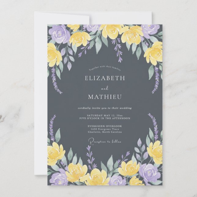Charcoal Gray Moody Botanical Wedding Invitation (Front)