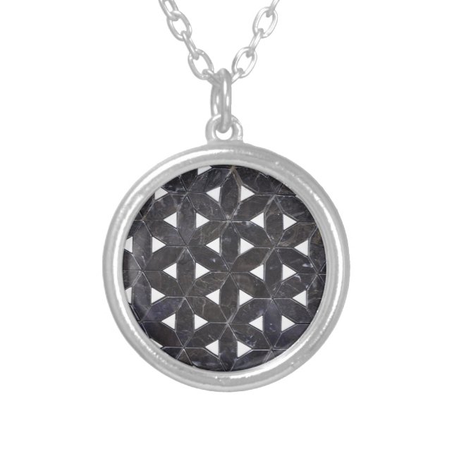 Charcoal Gray Mosaic flower of life pattern Silver Plated Necklace (Front)