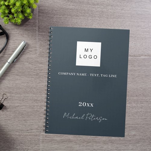 Charcoal gray name script business logo notebook