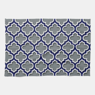 Charcoal Gray Navy White Moroccan Quatrefoil #5DS Kitchen Towel