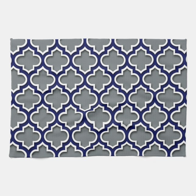 Charcoal Gray Navy White Moroccan Quatrefoil #5DS Kitchen Towel (Horizontal)