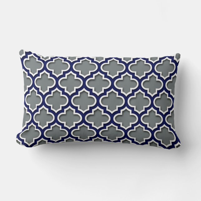 Charcoal Gray Navy White Moroccan Quatrefoil #5DS Lumbar Pillow (Front)