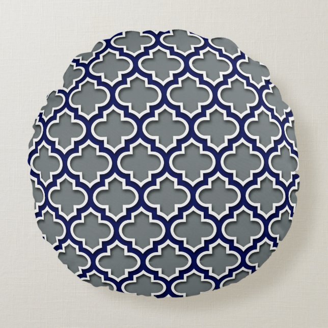 Charcoal Gray Navy White Moroccan Quatrefoil #5DS Round Pillow (Front)