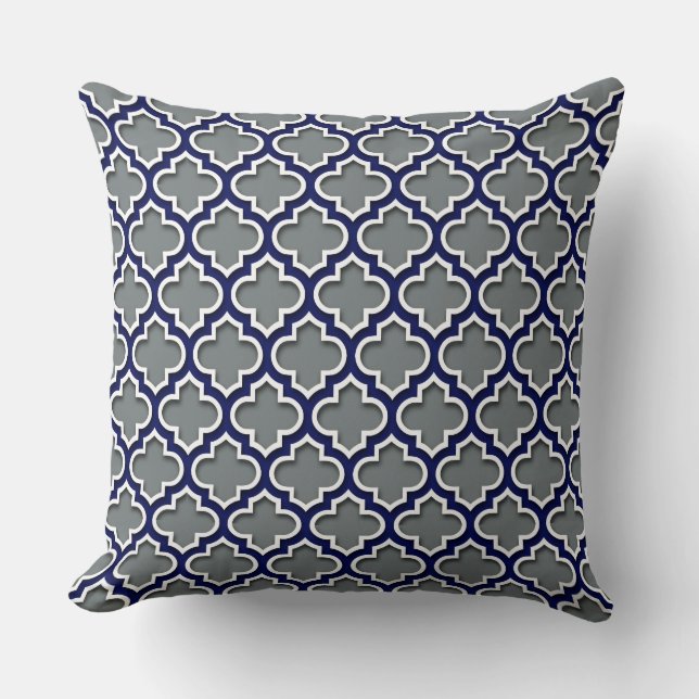Charcoal Gray Navy White Moroccan Quatrefoil #5DS Throw Pillow (Front)