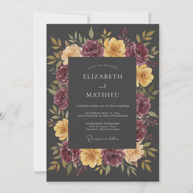 Charcoal Gray Ornate Autumn Wedding Invitation (Front)