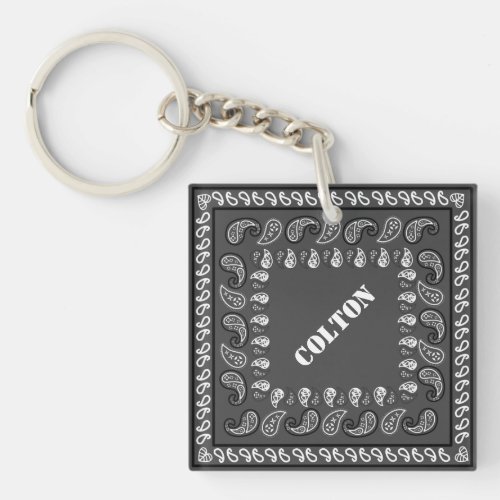 Charcoal Gray Paisley Bandana Personalized Keychain