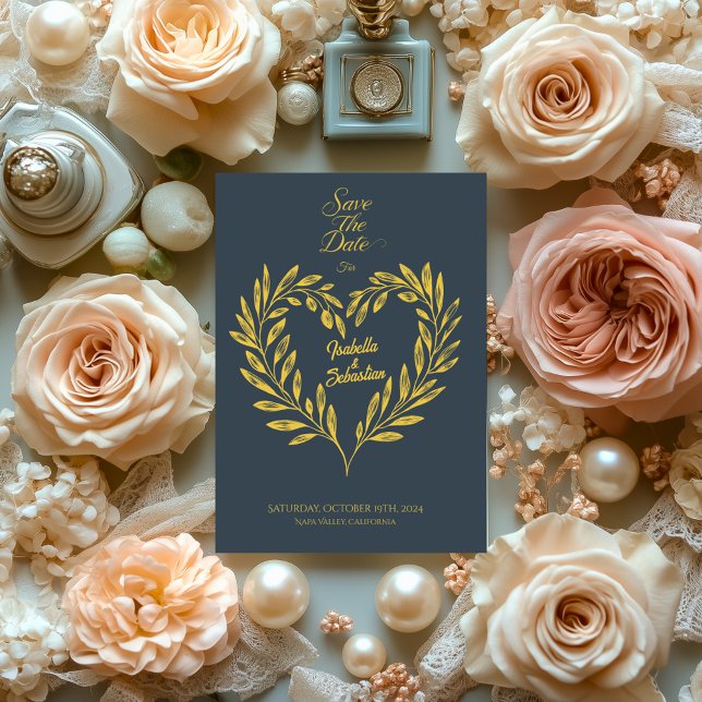 Charcoal Gray & Pale Gold Heart Save the Date Invitation (Creator Uploaded)