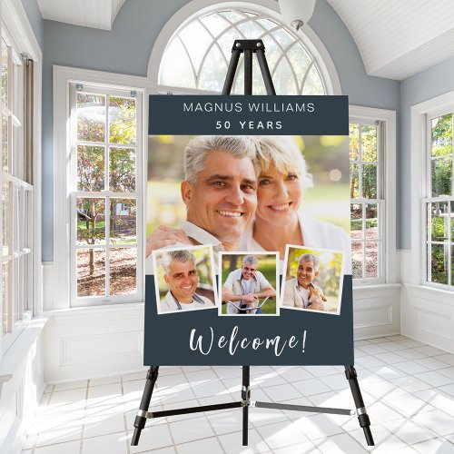 Charcoal gray photo collage birthday party welcome foam board