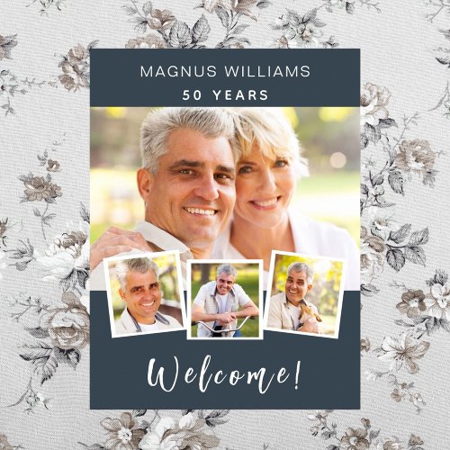 Charcoal gray photo collage birthday party welcome poster