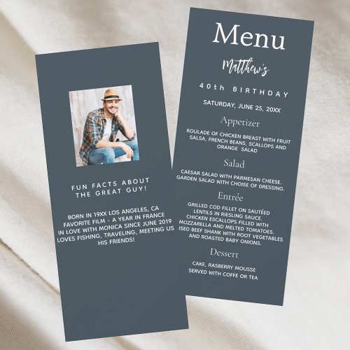 Charcoal gray photo fun facts birthday menu card