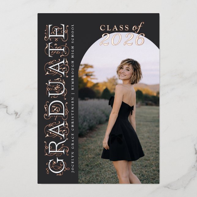 Charcoal Gray Photo Graduation Rose Gold Foil Invitation (Front)