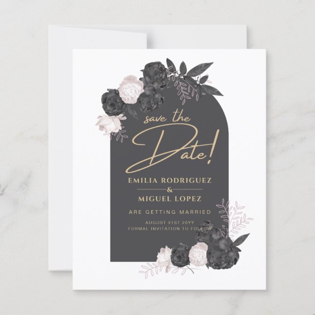  Charcoal Gray Pink Roses Wedding SAVE THE DATE (Front)