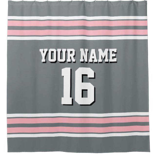 Charcoal Gray Pink White Stripes Sports Jersey Shower Curtain (Front)