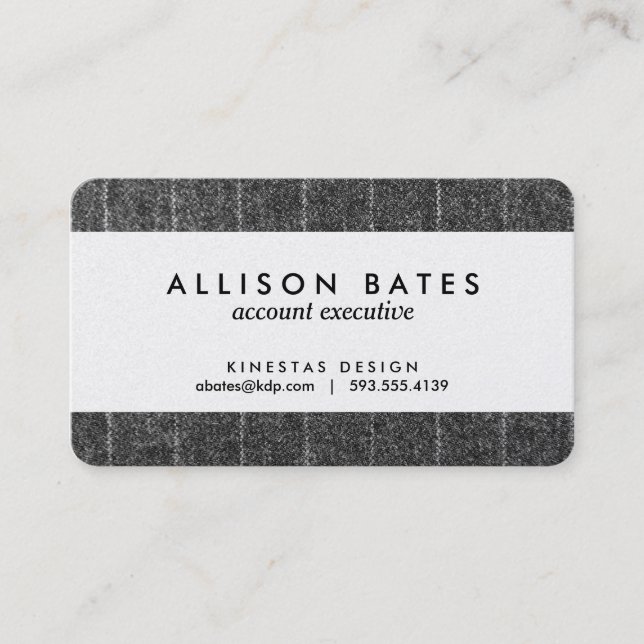 Charcoal Gray Pinstripe Tweed Slate Black Fabric Business Card (Front)