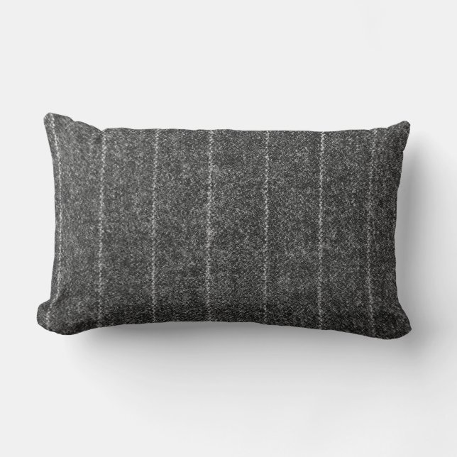 Charcoal Gray Pinstripe Tweed Slate Black Fabric Lumbar Pillow (Front)