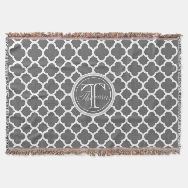 Charcoal Gray Quatrefoil Pattern Name Monogram Throw Blanket (Front)