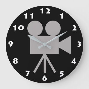 CHARCOAL GRAY RETRO MOVIE CAMERA AND WHITE NUMBERS LARGE CLOCK