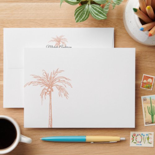 Charcoal Gray Rose Gold Copper Palm Tree Wedding Envelope