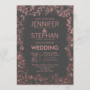 Charcoal Gray Rose Gold Floral Glitter Wedding Invitation