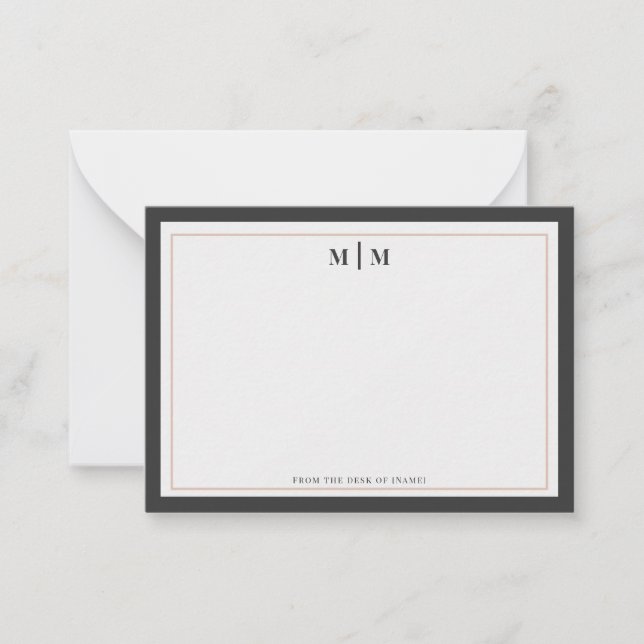 Charcoal Gray Rose Gold Monogram Professional Note Card (Front)