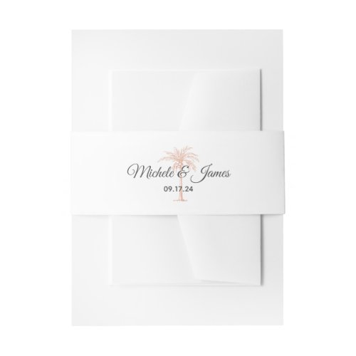 Charcoal Gray Rose Gold Palm Tree Beach Wedding Invitation Belly Band