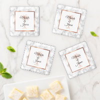 Charcoal Gray Rose Gold Palm Tree Marble Wedding Coaster Set