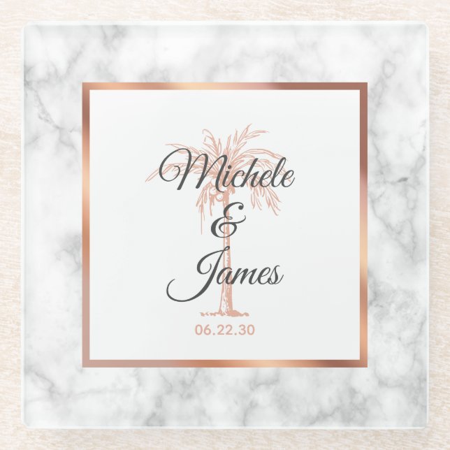 Charcoal Gray Rose Gold Palm Tree Marble Wedding Glass Coaster (Front)