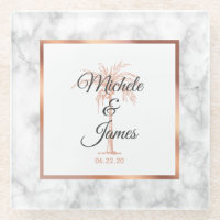 Charcoal Gray Rose Gold Palm Tree Marble Wedding Glass Coaster