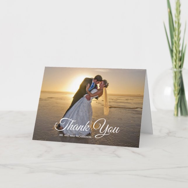 Charcoal Gray Rose Gold Palm Tree Wedding Photo Thank You Card (Front)