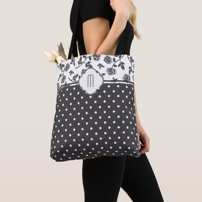 Charcoal Gray Rose Polka Dot Monogram Tote Bag (Close Up)