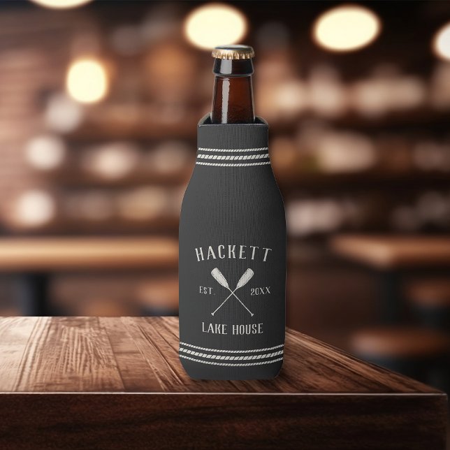 Charcoal Gray Rustic Oars Personalized Lake House Bottle Cooler (Creator Uploaded)