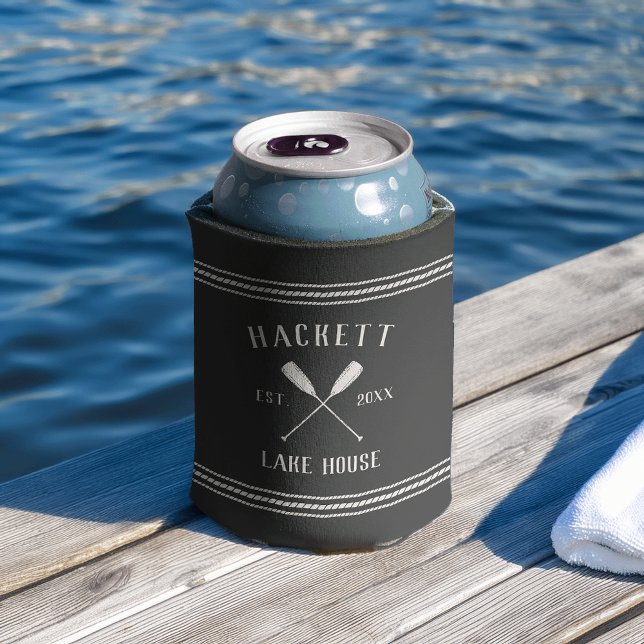 Charcoal Gray Rustic Oars Personalized Lake House Can Cooler (Creator Uploaded)