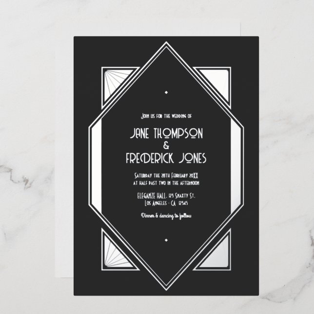 Charcoal Gray & Silver Gatsby Art Deco Wedding Foil Invitation (Front/Back)
