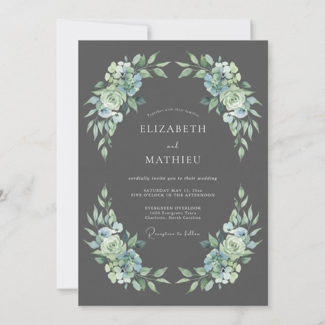 Charcoal Gray Stately Botanical Wedding Invitation (Front)