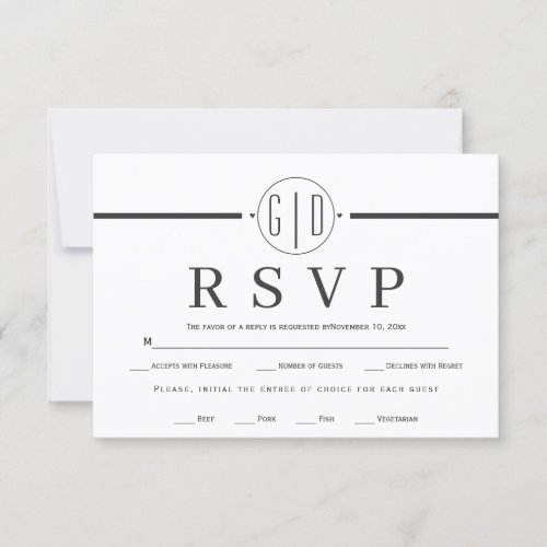 Charcoal gray stripe and initials formal wedding RSVP card